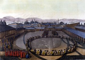 Konstantinopel: Tor des Glücks. Diese Tür gibt Zugang zum Inneren des Palastes, in dem der Sultan mit seiner Familie und den Damen seines Harems lebt. In „Le costume ancien et moderne“ von Unknown artist