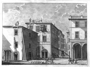 Bauszene zu Beginn des 18. Jahrhunderts. Gravur aus einem Traktat von Nicola Zabaglia. von Unknown artist