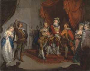 Cordelia verteidigt vom Earl of Kent, aus Shakespeares "König Lear," I, i