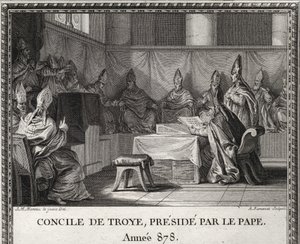 Rat von Troye am 7. September 878. Im Mai 878, Papst Johannes VIII., bedroht von Sarazenen und italienischen Adligen, suchte Zuflucht in Arles unter Herzog Boson und seiner Frau Ermengarde. Er begleitet ihn nach Troyes, wo ein großer Rat organisiert wird. von Unknown artist