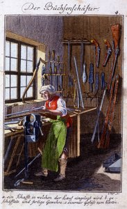 Handwerk: der Arkebusmacher in seiner Werkstatt. In „Umfassende Beschreibung der Künste und Handwerke und Werkstätten für junge Leute“ von Johan Peter Vue. Ed. Nürnberg, Weigel und Schneider