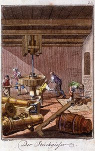 Handwerk: die Kanonengießer in ihrer Werkstatt. In „Umfassende Beschreibung der Künste und Handwerke und Werkstätten für junge Leute“ von Johan Peter Vue. Ed. Nürnberg, Weigel und Schneider von Unknown artist