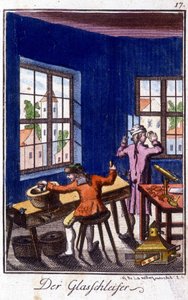 Handwerk: Glaser in seiner Werkstatt. In „Umfassende Beschreibung der Künste und Handwerke und Werkstätten für junge Leute“ von Johan Peter Vue. Hrsg. Nürnberg, Weigel und Schneider