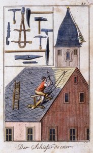 Handwerk: der Schieferdecker und seine Arbeitswerkzeuge. In „Umfassende Beschreibung der Künste und Handwerke und Werkstätten für junge Leute“ von Johan Peter Vue. Ed. Nürnberg, Weigel und Schneider von Unknown artist