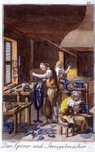 Handwerk: der Sporenmacher, der Hersteller von Schrumpfpinseln in ihrer Werkstatt. In „Umfassende Beschreibung der Künste und Handwerke und Werkstätten für junge Leute“ von Johan Peter Vire. Ed. Nürnberg, Weigel und Schneider