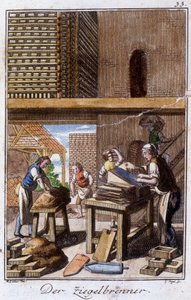Handwerk: der Ziegel- oder Backsteinmacher in seiner Werkstatt. In „Umfassende Beschreibung der Künste und Handwerke und Werkstätten für junge Leute“ von Johan Peter Vue. Hrsg. Nürnberg, Weigel und Schneider von Unknown artist