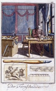 Handwerk: der Holzgraveur (und seine Arbeitswerkzeuge) in seiner Werkstatt. In „Umfassende Beschreibung der Künste und Handwerke und Werkstätten für junge Leute“ von Johan Peter Vue. Ed. Nürnberg, Weigel und Schneider von Unknown artist