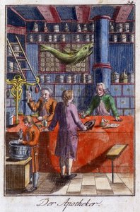 Handwerk: der Apotheker (Pharmazeut) in seiner Werkstatt. In „Umfassende Beschreibung der Künste und Handwerke und Werkstätten für junge Leute“ von Johan Peter Vire. Hrsg. Nürnberg, Weigel und Schneider