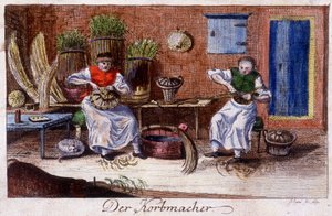 Handwerk: Korbmacher in seiner Werkstatt. In „Umfassende Beschreibung der Künste und Handwerke und Werkstätten für junge Leute“ von Johan Peter Vue. Hrsg. Nürnberg, Weigel und Schneider