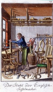 Handwerk: der Stuhlhersteller in seiner Werkstatt. In „Umfassende Beschreibung der Künste und Handwerke und Werkstätten für junge Leute“ von Johan Peter Vue. Ed. Nürnberg, Weigel und Schneider