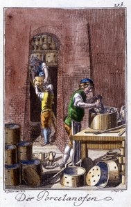 Handwerk: der Porzellanhersteller in seiner Werkstatt. In „Umfassende Beschreibung der Künste und Handwerke und Werkstätten für junge Leute“ von Johan Peter Vue. Ed. Nürnberg, Weigel und Schneider