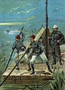 Überquerung der Sümpfe von Bahr el Ghazal in Afrika durch die Marchand-Mission im Jahr 1899. Liebig-Chromolithographie des 19. Jahrhunderts von Unknown artist