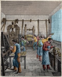 Besteckherstellungswerkstatt in Frankreich im 19. Jahrhundert. Gravur von 1885 in „Les arts et metiers illustres“ von Adolphe BITARD