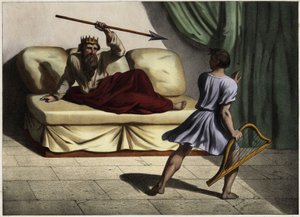 David spielt die Zither vor König Saul, um ihn zu beruhigen. Anonyme Gravur aus der Mitte des 19. Jahrhunderts von Unknown artist