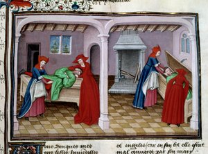 Tod: Ein Patient hat Qualen. Nach seinem Tod wird sein Körper in einen Sarg gelegt. Miniatur aus „Le Decameron“ von Giovanni Boccaccio (1313-1375) von Unknown artist