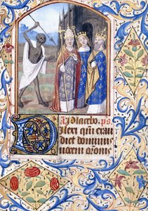 Der Tod mit seinem Speer, der auf drei Figuren zeigt, ein Papst, ein König, ein König und eine Königin, vor einer gotischen Kirche, ca. 1470 von Unknown artist