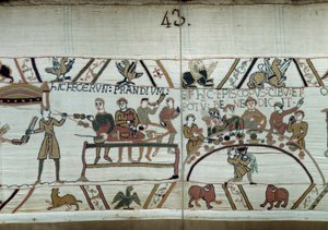 Landung in England, die Truppen von Wilhelm dem Eroberer feiern, während sie auf den Kampf gegen die sächsischen Waffen von Harold II. warten. Guillaume ist umgeben von Baronen und dem Bischof Odon. Detail des Teppichs von Bayeux von Unknown artist