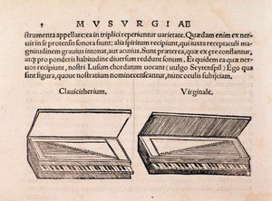 Beschreibung von Cembalo und Spinett. Seite aus Musurgia seu praxis musicae von Unknown artist