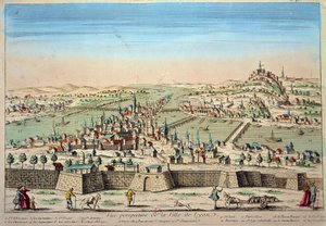 Detailansicht der Stadt Lyon an den Ufern der Rhone und der Saone. Gravur des 17. Jahrhunderts Paris B.N.