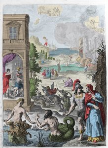 Verschiedene Metamorphosen, im Vordergrund Scylla und der Meeresgott Glaukos, der in sie verliebt ist, im Hintergrund der gehängte Iphis, abgelehnt von Anaxarete. Illustration aus Buch XIV der „Metamorphosen“ (Metamorfosi) von Ovid (43 v. Chr.-17 n. Chr.). von Unknown artist