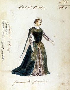 Zeichnung des Kostüms für die Figur der Isabella in der Oper „I vespri siciliani“ (Die sizilianische Vesper) von Giuseppe Verdi. Der Operntitel für die erste Aufführung war „Giovanna da Guzman“. Anonymes Kostüm für das Scala-Theater von Unknown artist