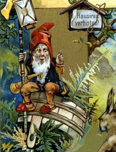 Zwerg oder Farfadet mit Laterne. Chromolithographie aus dem 19. Jahrhundert