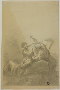 Sterbender Mann, begleitet von zwei Figuren mit Kerze, Buch und Kreuz von Unknown artist
