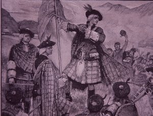 Earl of Mar erhebt 1715 den Jakobiten-Standard (Gravur)