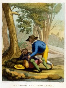 „Bequemlichkeit macht den Menschen zum Dieb“. Illustration aus einer Sammlung von Sprichwörtern des 18. Jahrhunderts