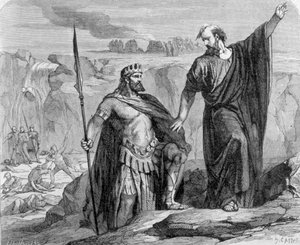 Elia warnt Ahab, dass der Regen bevorsteht. Im Hintergrund sieht man die Anbetung des Baal