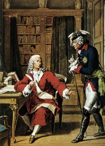 Kaiser Friedrich II. der Große (1712 - 1786) besucht den Philosophen Voltaire (1694 - 1778). Radierung des 18. Jahrhunderts.