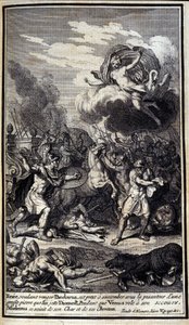 Eneas, der Pandaros rächen will, ist bereit, unter dem Gewicht eines großen Steins zu erliegen, den Diomedes wirft. Venus fliegt zu seiner Rettung (Illustration aus Buch V der Ilias von Homer)