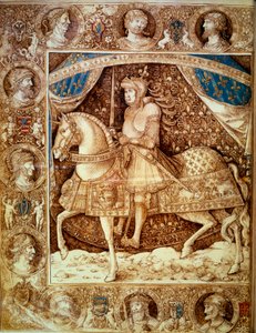 Reiterporträt von Ludwig XII. (1462-1515), König von Frankreich. Miniatur in Chroniken, Folio 1v, von Enguerrand de Monstrelet