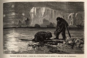 Eskimo-Jäger, die durch ein hohles Loch im Packeis eine Robbe ausspähen und darauf warten, sie bei Einbruch der Nacht zu harpunieren. Illustration der Reise zum freien Meer des Arktischen Pols, von Dr. Hayes, Chirurg der US-Marine, 1860-1862