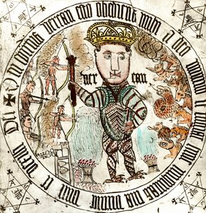 Esoterik: eine Krone zu Füßen eines Dämons. Kampfszenen zwischen Menschen und monströsen Kreaturen. Die Szene ist von kabbalistischen Zeichen umgeben. Gravur des 17. Jahrhunderts. Private Sammlung von Unknown artist