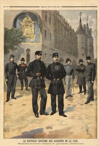 Entwicklung der Uniformen der Friedenswächter (oder Stadtsoldaten) von 1860 bis 1894, vor dem Uhrturm der Concierge, Paris. Gravur in „Le petit journal“ 09/1894. Selvas Sammlung. von Unknown artist