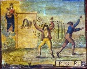Ex Voto aus dem frühen 19. Jahrhundert, das eine von Bienen angegriffene Person darstellt