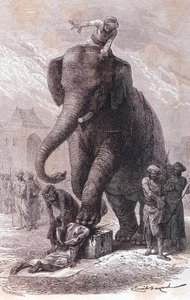 Hinrichtung in Indien: Verbrecher werden hingerichtet: Ihre Köpfe werden von einem Elefanten zerquetscht, der von seinem Karnac geführt wird, Gravur 1875