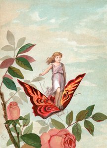 Fee reitet auf einem Schmetterling zwischen Rosen
