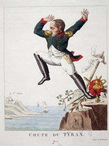Sturz des Tyrannen: Napoleon springt vom Mount St. John (Die Schlacht von Waterloo) zur Insel St. Helena - in „Napoleon 1., Karikaturen, Dummysammlung“