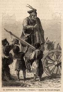 Familienstreit in Swansea. Zeichnung von Durand Brager zur Illustration eines Besuchs der großen Fabriken in Wales im Jahr 1862 von L. Simonin. Gravur in „Le tour du monde“, herausgegeben von Edouard Charton von Unknown artist