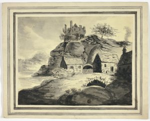 Bauernhof mit überhängendem Felsen und Burg von Unknown artist