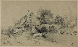 Bauernhof mit Strohdach in der Nähe einer Steinbrücke