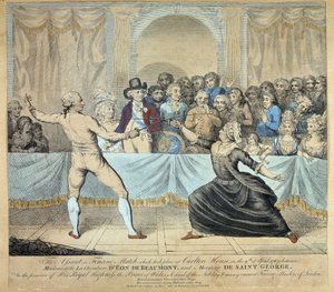 Fechtkampf zwischen dem Ritter von Eon de Beaumont und Monsieur de Saint George, 9. April 1787. Gravur von Unknown artist
