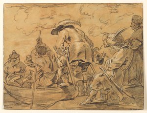 Figuren versammeln sich auf einem Ruderboot von Unknown artist
