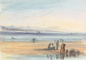 Figuren am Strand mit Bergen in der Ferne von Unknown artist
