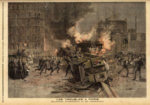 Brand von Omnibussen und Straßenbahnen in Paris: Eine brutal unterdrückte Studentendemonstration eskaliert zu einem allgemeinen Aufstand. Gravur in „Le petit journal“ 22/07/1893. Sammlung Selva von Unknown artist
