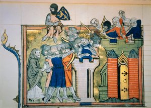 Erster Kreuzzug: Godefroi (oder Godefroy) von Bouillon (1058-1100) in einem runden Turm griff Jerusalem 1099 an. Miniatur aus „Roman De Godefroy De Bouillon et de Saladin“
