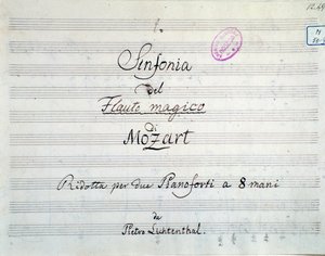 Erste Seite der Symphoniepartitur reduziert auf zwei Klaviere und acht Hände von Die Zauberflöte, Oper von Mozart, Lichtenthal-Version (19. Jahrhundert)