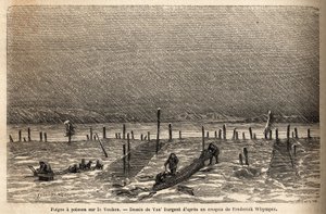 Fischfallen, aufgestellt an den Ufern des Yukon-Flusses (extremes Nordkanada). Gravur zur Illustration der Reise und Abenteuer in Britisch-Kolumbien, Vancouver Island und Alaska, von Frederick Whymper von Unknown artist